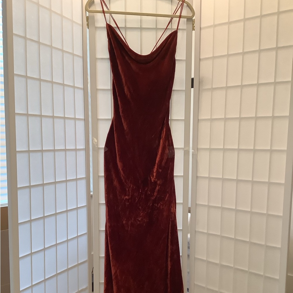 Sexy, curve hugging ,rust colored velvet dress